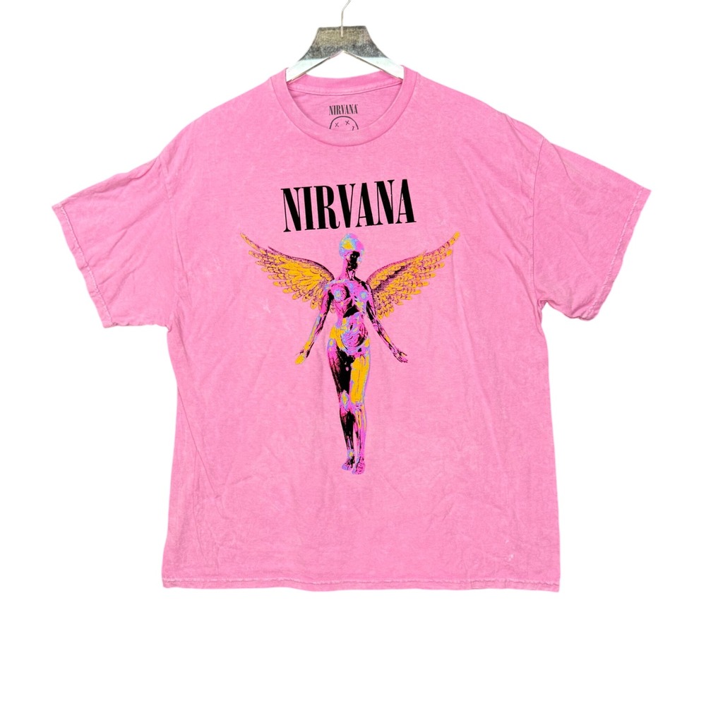 Nirvana Band Tee‎ XL Pink Angel Graphic Acid Wash Short Sleeve Shirt Retro NWOT
